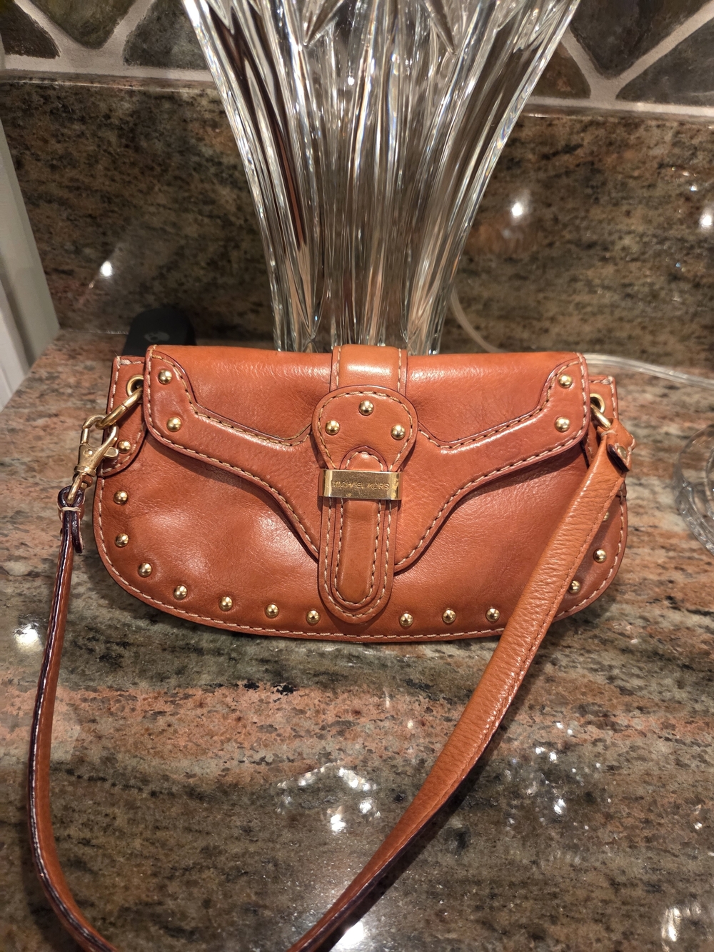 Michael Kors Stud-Accent Leather  Clutch in Cognac Brown